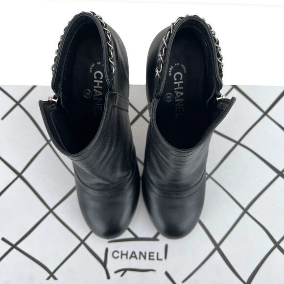 Chanel Lambskin Leather Chain Ankle Heel Boots in Black Size 41C - Picture 9 of 14